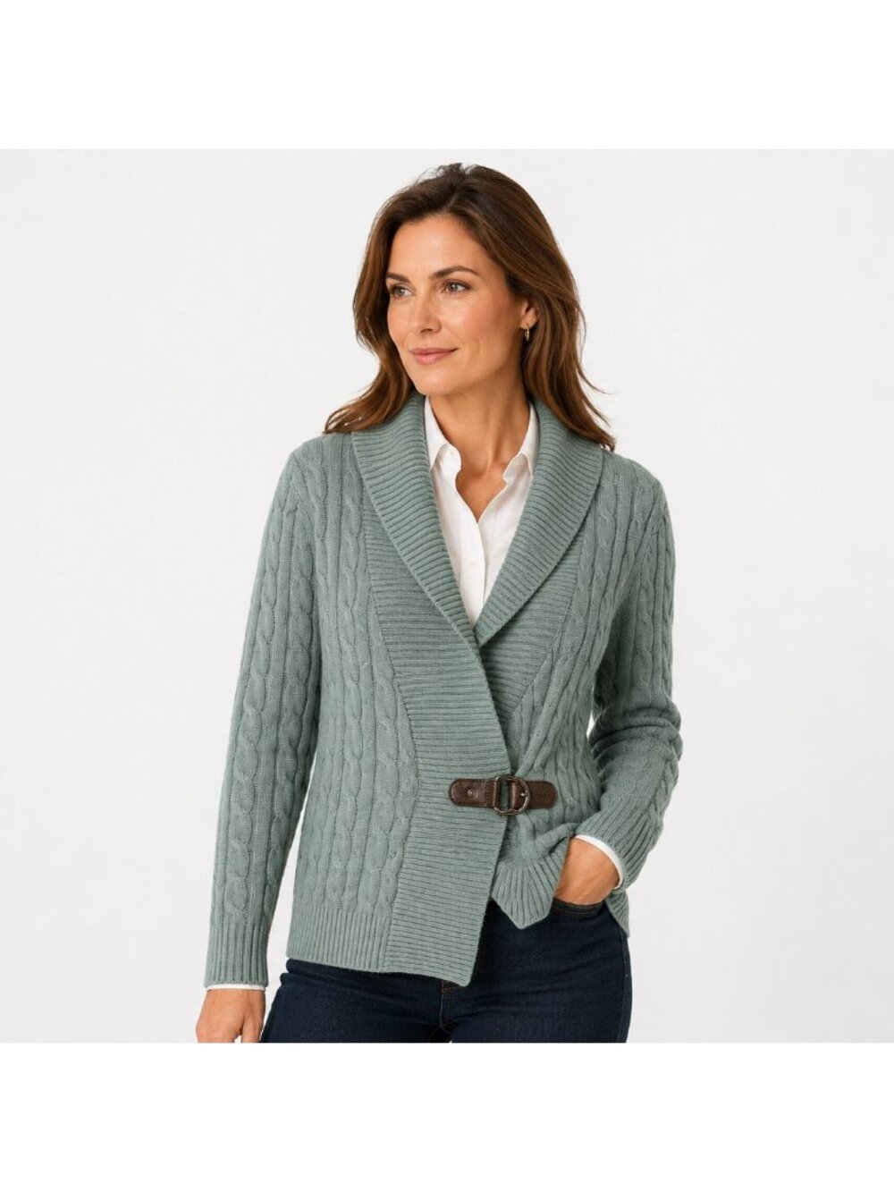 Lauren Ralph Lauren Cardigan Women XL Sage Cable Knit Cotton Shawl Collar Buckle